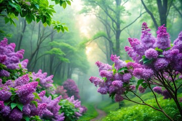 Obraz premium Purple lilac flowers blooming in a lush green forest with a misty atmosphere, misty morning, floral detail, lush greenery, forest landscape, woodland flowers
