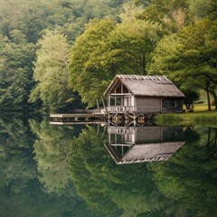 Obraz premium A secluded rustic wooden boathouse is perfectly reflected in the still water of a tranquil forest lake.