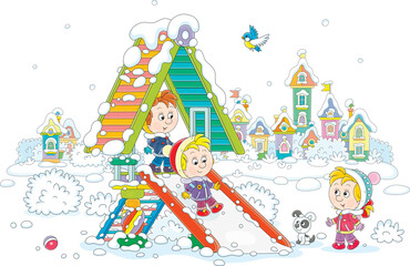 Happy little children playing on a colorful toy slide on a snow-covered playground in a winter park of a pretty small town on a beautiful snowy day, vector cartoon illustration on a white background