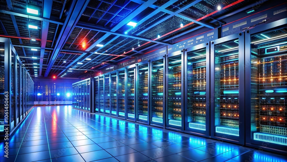 Aufkleber modern data center server room with high-tech equipment, sleek design, efficient cooling systems, an