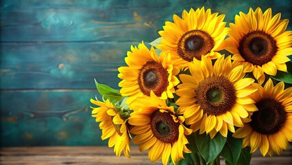 Sunflower bouquet with bright yellow petals and dark green leaves, garden decor, tall sunflowers