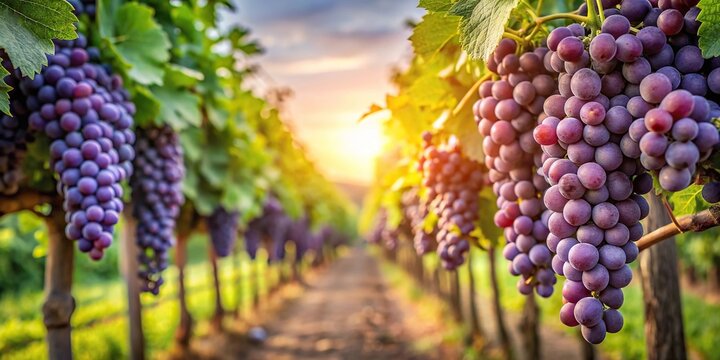 Sun-drenched rows of grapevines with ripe purple grapes hanging from the clusters, purple grapes, grapevine, agricultural fields