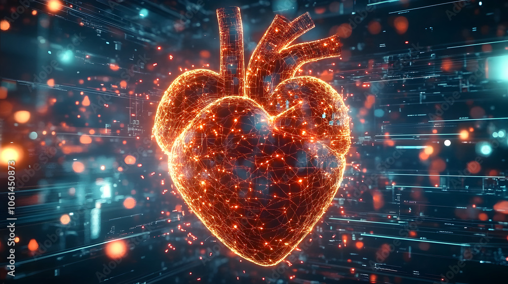 Poster glowing digital representation of human heart surrounded by abstract bokeh lights and circuit patter