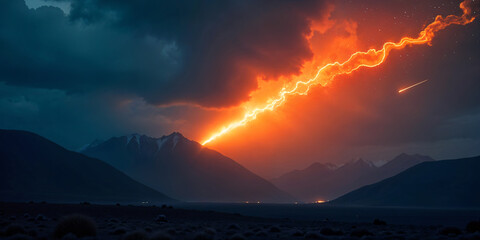 Falling flaming meteorites burning through the sky