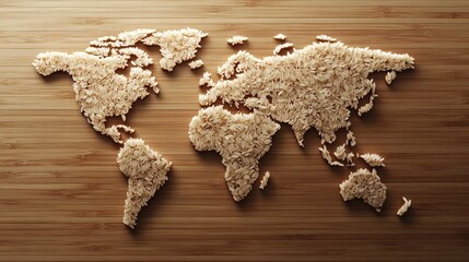 Global Cuisine and Culture Visual - Rice Grain World Map on Wooden Background. Perfect for Projects Symbolizing Unity, Diversity, and Global Food Heritage