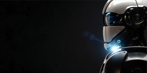 Fototapeta premium White humanoid robot head with blue illuminated eye on a dark background. Studio portrait of futuristic android. Science fiction and artificial intelligence concept. Design for poster, cover, banner