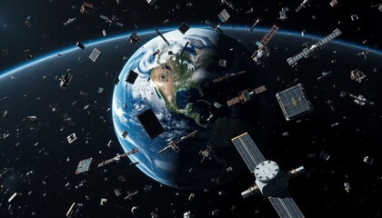 A digital illustration of Earth surrounded by space debris, a reminder of the growing issue of space pollution.
