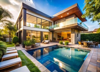 Fototapeta premium Modern House with Pool and Garden - Stunning Architectural Design Featuring Luxurious Outdoor Living Spaces, Lush Landscaping, and Contemporary Aesthetics for Dream Home Inspiration