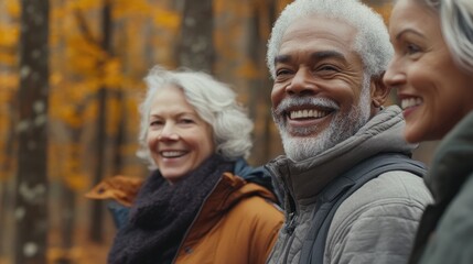 Obraz premium A diverse group of senior adults smiling and walking outdoors, representing the joyful social life enjoyed by those who participate in community activities