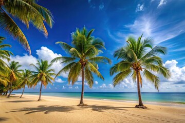 Obraz premium Warm sandy beach with a clear blue sky and palm trees swaying gently in the breeze, clear blue sky, tropical island, seashore, coastal scenery, outdoor scene
