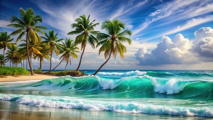 Fototapeta premium Wavy turquoise ocean waves gently lapping at the shoreline with a few beachy palm trees swaying in the breeze, ocean waves, water's edge, serene atmosphere