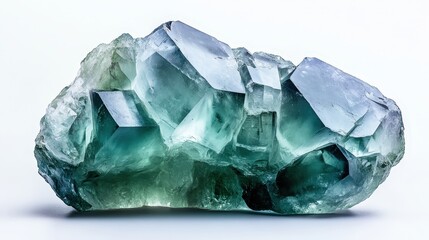 Fototapeta premium Raw aquamarine crystal with blue and green hues on a white background