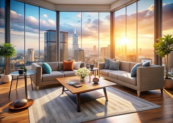 Modern Living Room with City View and VR Headset - Stylish Interior Design, Urban Aesthetic, Bokeh Background, Cozy Atmosphere, Innovative Technology, Contemporary Furniture