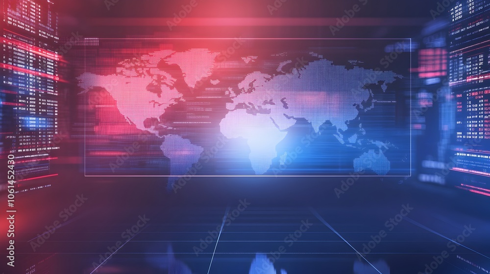 Poster futuristic digital news backdrop with world map and ticker display