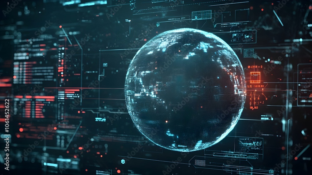 Poster digital globe with futuristic hud interface and dark backdrop