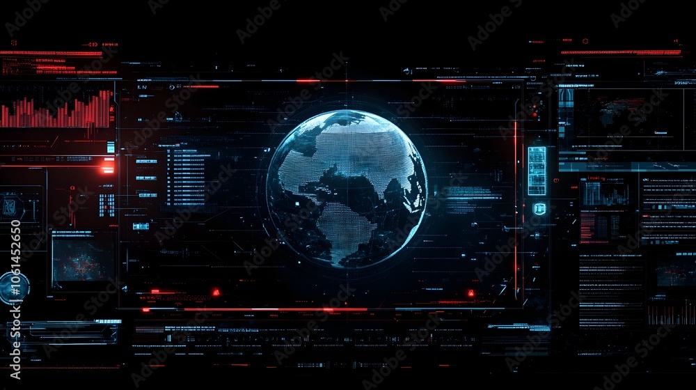 Poster futuristic digital globe and hud elements on dark backdrop for news or data visualization