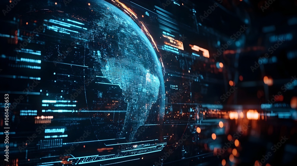 Poster futuristic digital globe and hud elements in dark backdrop with clear copy space