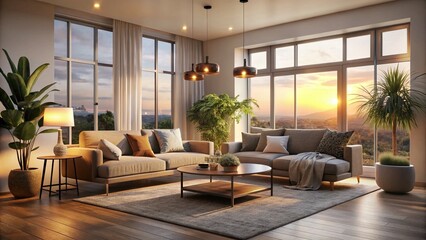 Fototapeta premium Modern Minimalist Living Room in Soft Evening Glow - A Serene Space with Neutral Tones, Cozy Textures, and Natural Light for Relaxation and Aesthetic Appeal