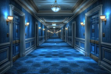 A long, elegantly designed hotel corridor featuring blue walls and carpet, with decorative lighting and closed doors lining the sides.