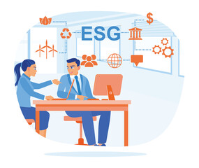 Two entrepreneurs analyze ESG data. Environmental social governance policies with business. ESG concept. Flat vector illustration.
