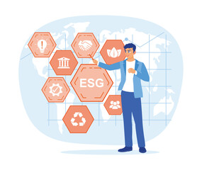 Businessman holding a presentation about ESG on screen. Environmental and social governance with business. ESG concept. Flat vector illustration.