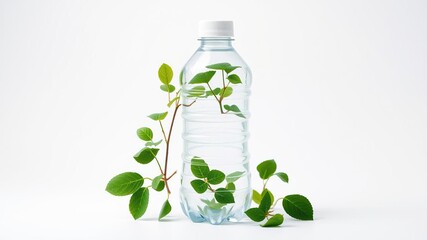 Plastic water bottle with green background, eco-friendly, container