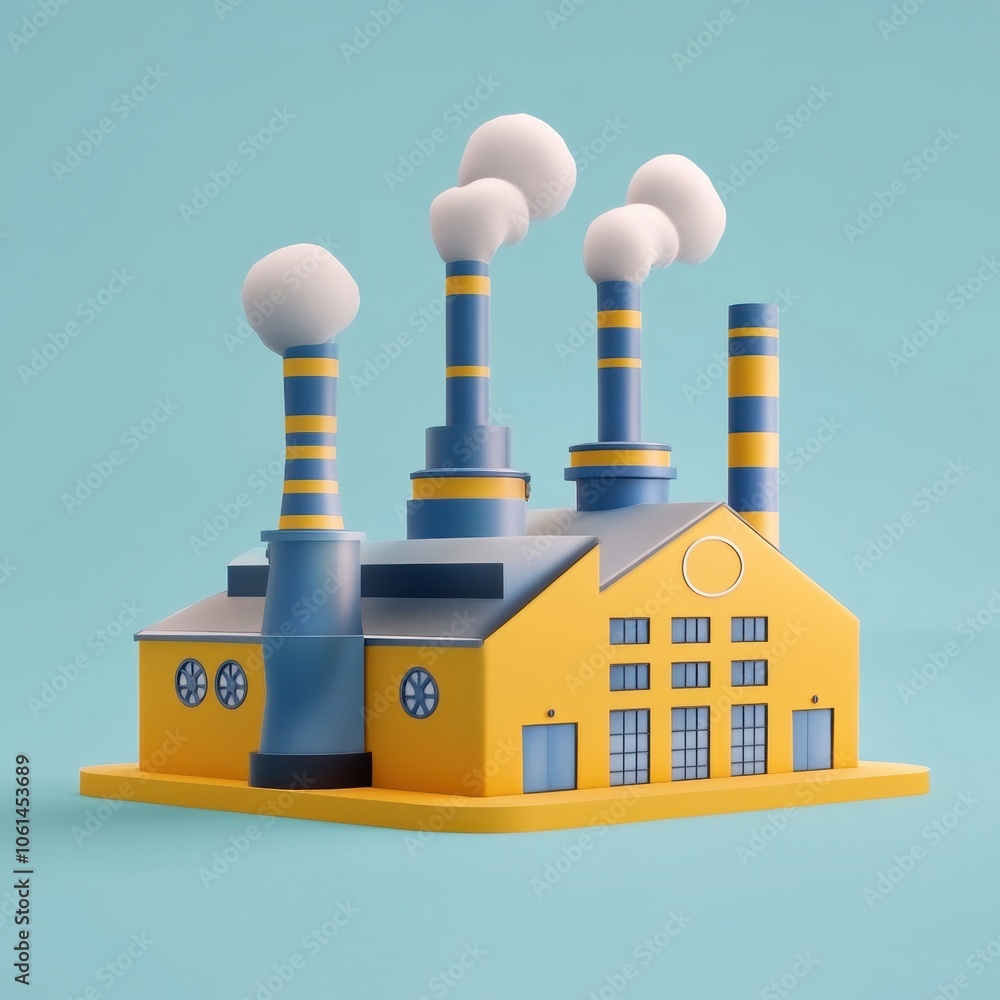 Poster colorful 3d rendering of a modern factory building with chimneys