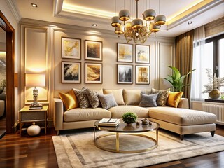 Modern Sophisticated Living Room with Beige Sofa and Gold Accents, Framed Artworks, and Elegant Interior Design for Contemporary Architecture