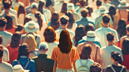 Concept of standing out from the crowd, illustrated by a woman looking directly at the camera amidst a large crowd of people.