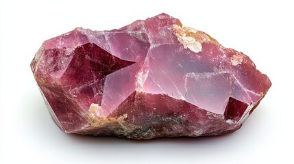 Obraz premium Raw ruby gemstone with rough edges and deep red hues on white background
