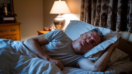Fototapeta premium Middle-Aged Man Naps Peacefully in Cozy Bed. Time to rest and nap concept