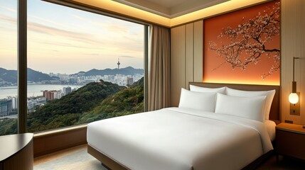 Contemporary hotel room with a cozy bed, warm lighting, and large windows overlooking a scenic view