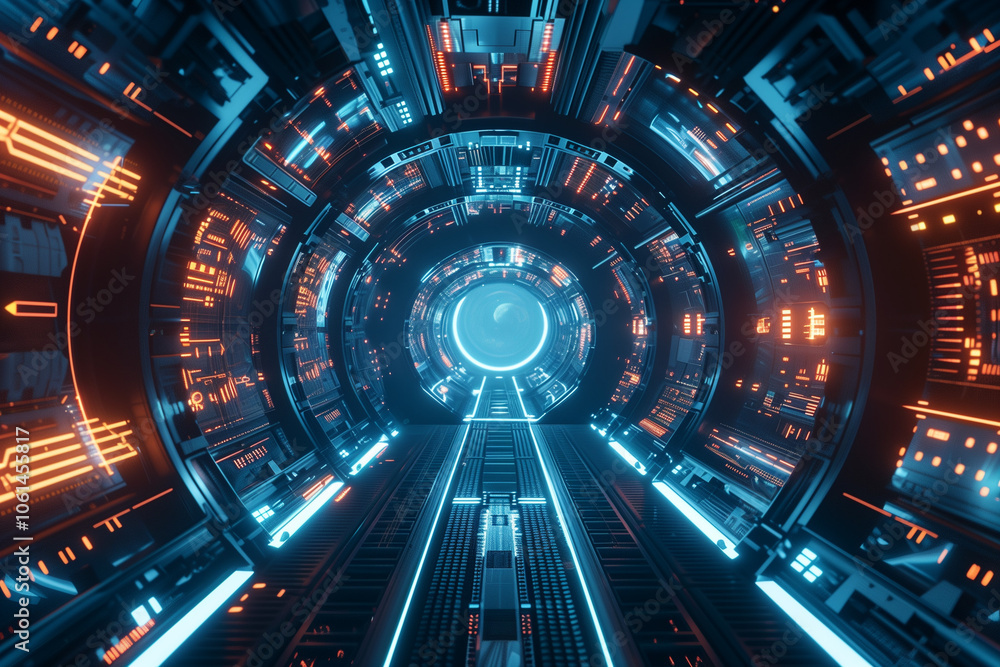 Poster sci-fi technolog screen with noise. hi-tech neon sci-fi tunnel. trendy neon glow pattern and constru