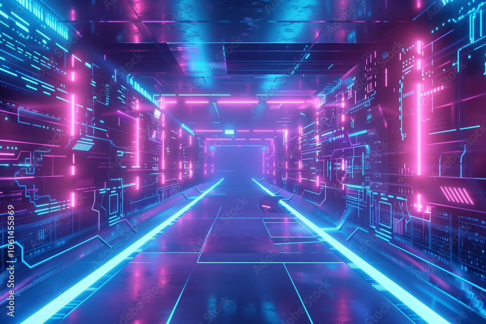 Poster sci-fi technolog screen with noise. hi-tech neon sci-fi tunnel. trendy neon glow pattern and constru