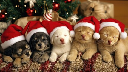 Cute cat and puppies wearing red Christmas hats, sitting together on a cozy blanket with holiday decorations in the background