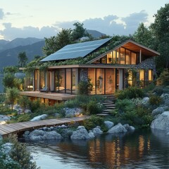 Fototapeta premium Modern Eco Friendly Home with Solar Panels and Lake View