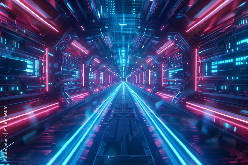 Poster sci-fi technolog screen with noise. hi-tech neon sci-fi tunnel. trendy neon glow pattern and constru