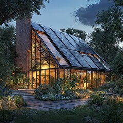 Obraz premium Modern Glass House with Solar Panels and Garden at Dusk