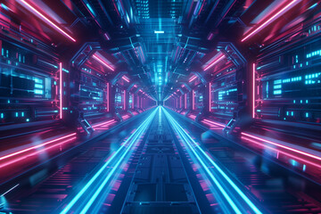 Fototapeta premium Sci-fi technolog screen with noise. Hi-tech neon sci-fi tunnel. Trendy neon glow pattern and construction. Fly through technology cyberspace. 3d looped seamless 4k. Cyberpunk style empty monitor gui