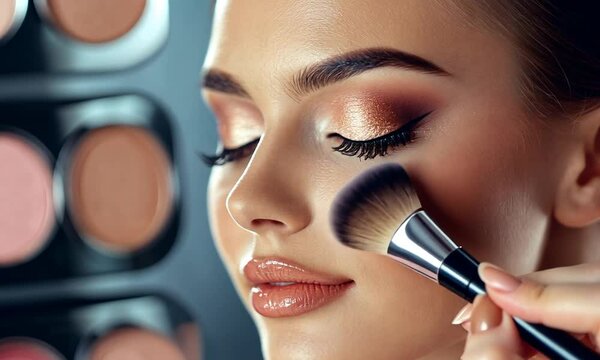 A close-up of a woman's face being beautified with makeup application.