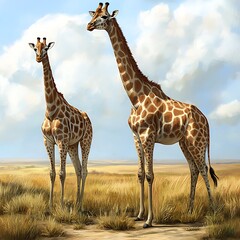 Obraz premium Elegant Giraffes Among Golden Grass in African Wilderness Photo
