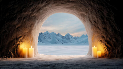 Cozy igloo with a view of icy mountains and a frozen lake, Eskimo house, illustrating a serene winter wonderland
