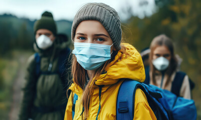 Young woman in yellow jacket with mask hiking in nature