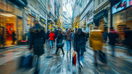 Busy street scene with people walking in an anonymous crowd, capturing the motion and life of modern urban environments. An abstract view of a sidewalk with blurred figures