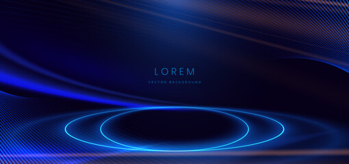 Scene futuristic neon circles glowing blue light lines with on dark blue background and lighting sparkle.