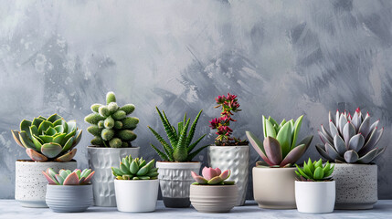 Succulent Plants in Pots: Succulent plants in pots against a gray background, perfect for home decor or gardening themes.