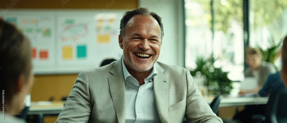 Poster a smiling man in a business setting engaged in conversation.