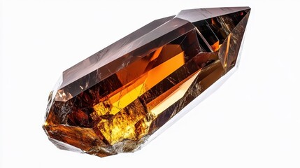 Shimmering citrine gemstone reflecting light with intricate facets on white background