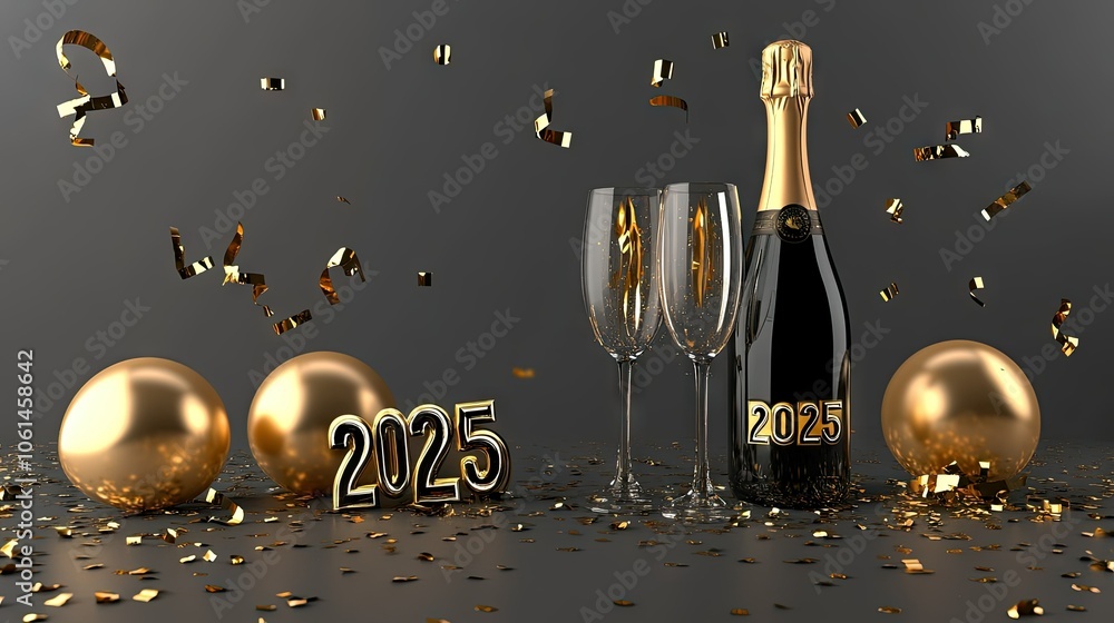 Wall mural golden champagne bottle and glasses with balloons, streamers, and golden confetti, ready to celebrat