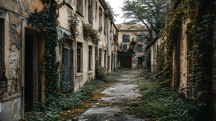 Fototapeta premium A lonely street with broken windows and vines crawling up the walls of deserted buildings.